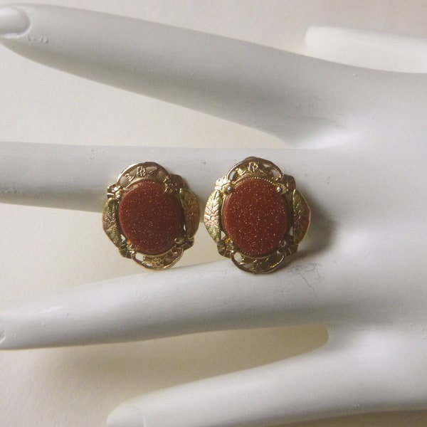 Tri-color gold  filled filigree goldstone stone art deco non-pierced clip backs