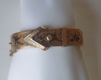 Circa 1870s 14k solid yellow gold taille d'epargne enamel buckle wedding bracelet 6.25 inches