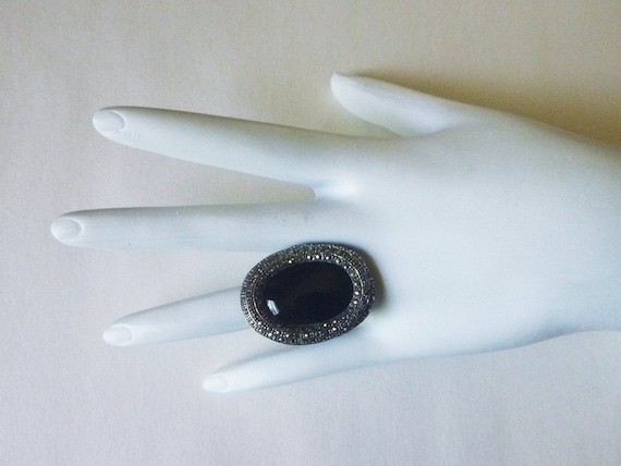 Art Deco 1940s silver tone black glass simulated onyx and marcasite chunky statement ring size 6.75