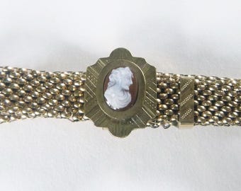 Victorian gold filled engraved mesh woven hard stone cameo slide and tassels adjustable bracelet