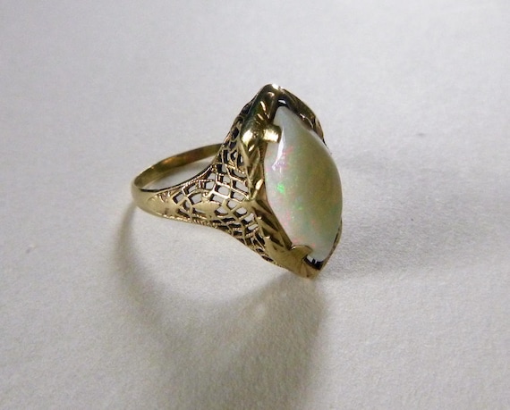 Art Deco yellow gold navette white opal floral op… - image 3