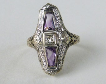 Art Deco 14k white gold filigree diamond and purple gem ring size 6 1/4