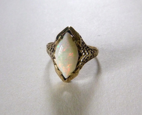 Art Deco yellow gold navette white opal floral op… - image 1