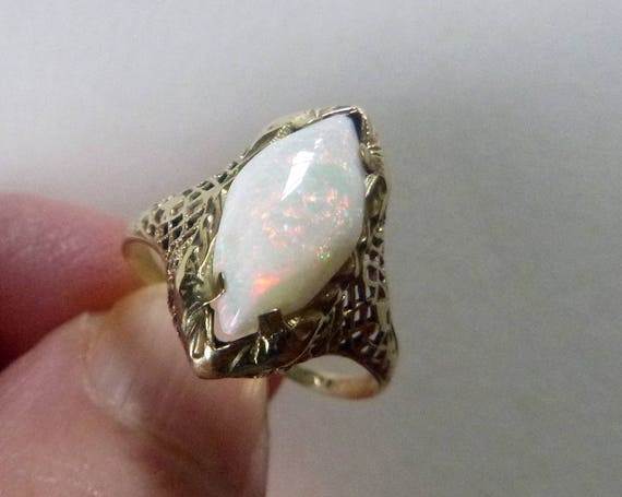 Art Deco yellow gold navette white opal floral op… - image 7