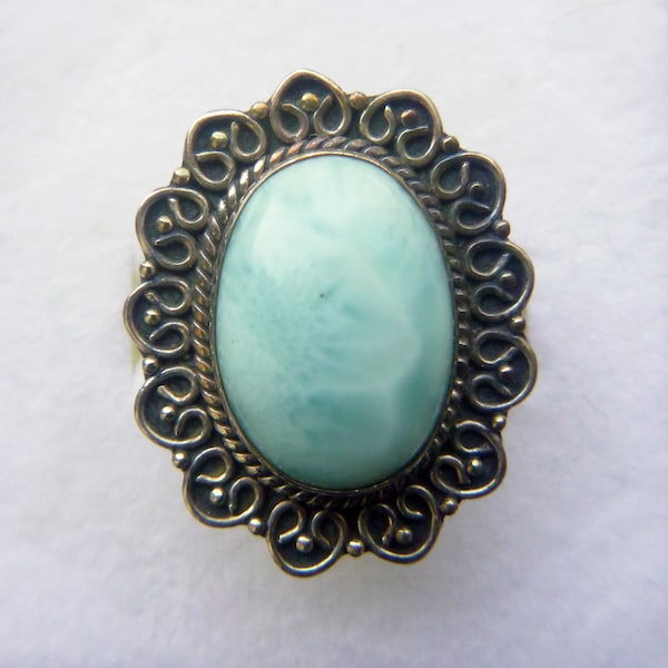 Modern larimar ornate detail pale blue white cabochon sterling silver cocktail ring size 6.75