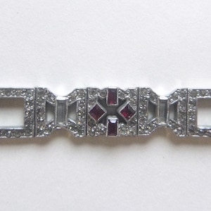 Art Deco flapper pave red and clear paste rhinestone bracelet faux diamonds and rubies