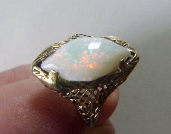 Art Deco yellow gold navette white opal floral op… - image 8