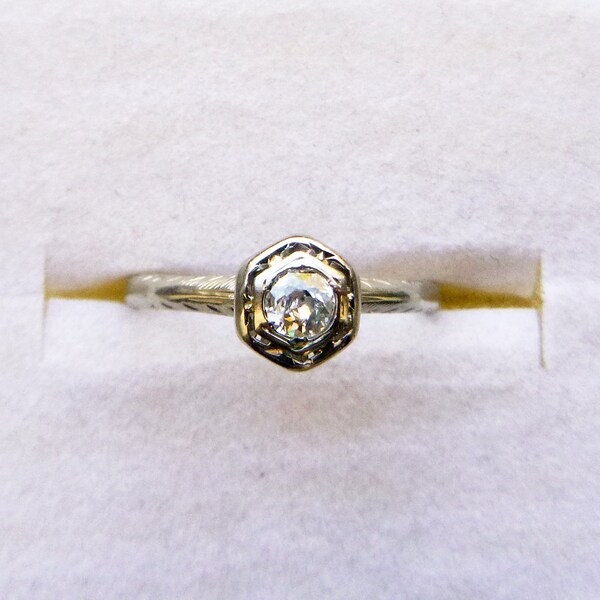 1920s Art Deco antique engagement ring old cut diamond 18K white gold TCW .15 size 5.5