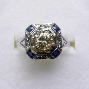 Art Deco 20k filigree white gold antique engagement ring .50 ct champagne diamond sapphires size 8