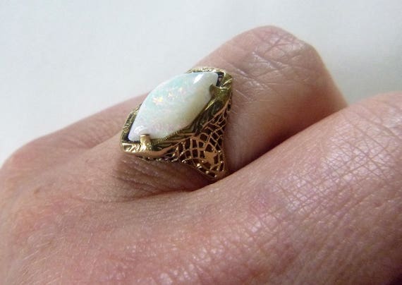 Art Deco yellow gold navette white opal floral op… - image 9