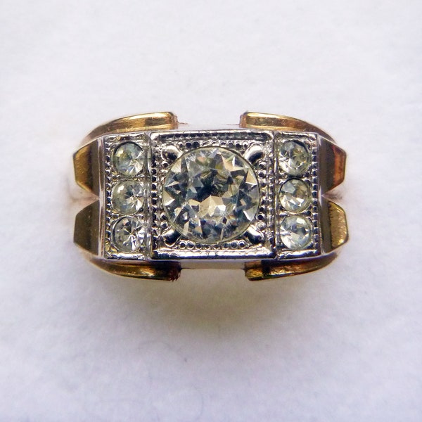 Mid-Century Retro two tone gold filled crystal rhinestone men's statement ring size 10