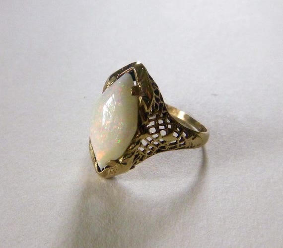 Art Deco yellow gold navette white opal floral op… - image 2