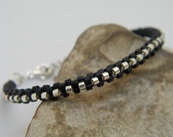 black and silver hand-woven bracelet