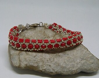 Red and silver hand-woven bracelet