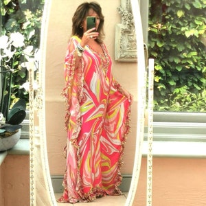The Allegra pink and lemon, frill hem, luxurious, holiday , beach, evening wear, figure flattering kaftan dress by Kaftan Heaven