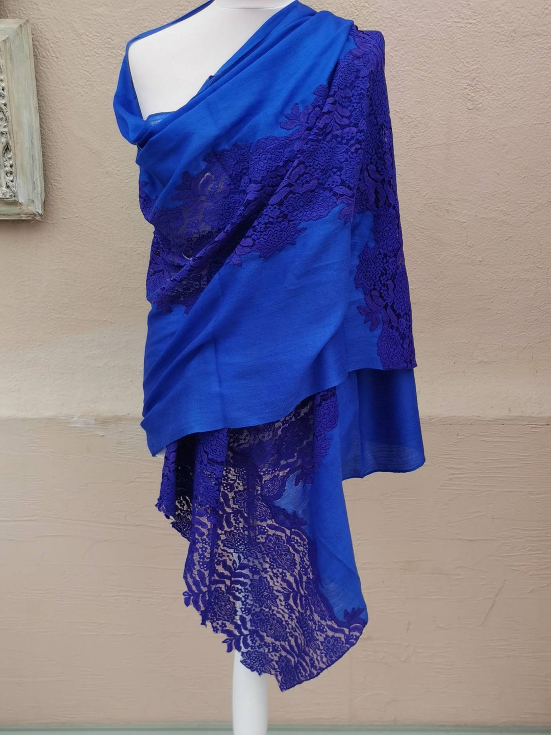 Brilliant Blue Cashmere Silk Wrap With Lace Detail by Kaftan Heaven