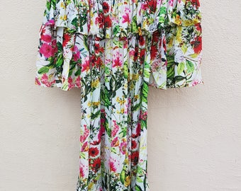 Summer tropical flower printed silk , jewel , off the shoulder ruffle neck  dress/ top by Kaftan Heaven