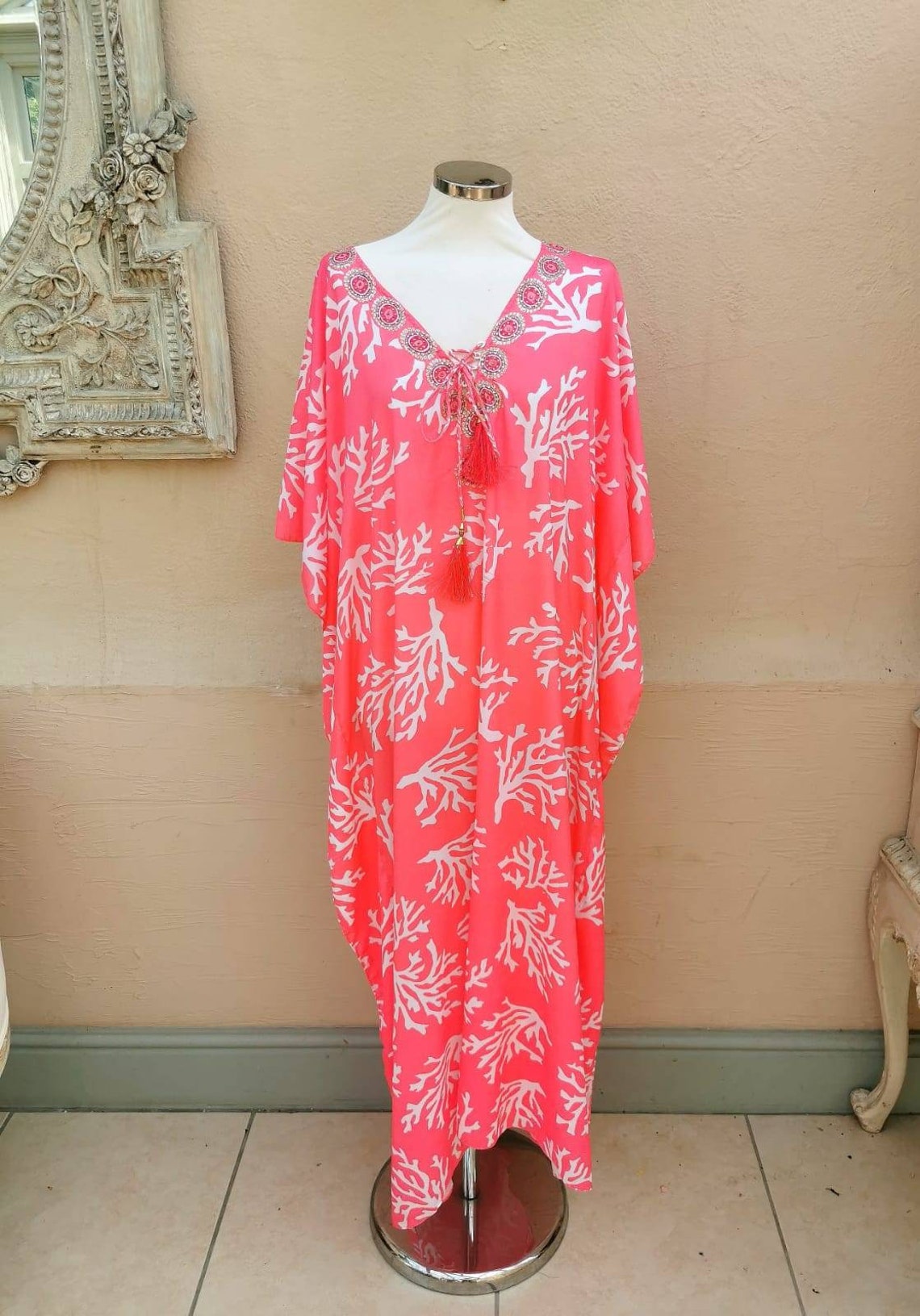 Kaftan Heaven Coral and White 'coralie' Silky Maxi - Etsy