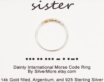 Sister Morse Code Ring, 14K Gold Filled and Sterling Silver