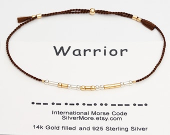 Warrior Morse Code Bracelet, Silk Cord, Gold Filled or Sterling Silver Beads