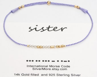 Sister Morse Code Bracelet, Sterling Silver and Gold Filled, Silk Cord