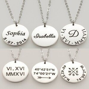 Personalized Disc Necklace, Name, Date, Roman Numeral, Coordinate, Monogram, Initial, Name Necklace
