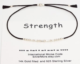 Strength Morse Code Bracelet, Silk Cord, Gold Filled/Sterling Silver