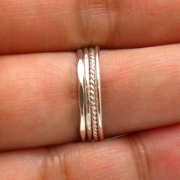 Thin Argentium Silver Stacking Rings - Set of 4 Different Styles Rings (18 gauge)