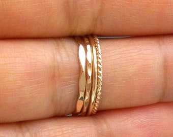 Thin Gold Stacking Rings, Set of 4 Dainty Stack Rings - 2 Hammered Stack Rings, 1 Smooth Stack Ring, 1 Twist Stack Ring (18 gauge)