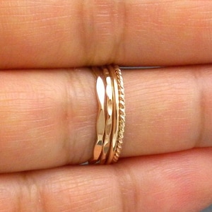 Thin Gold Stacking Rings, Set of 4 Dainty Stack Rings 2 Hammered Stack Rings, 1 Smooth Stack Ring, 1 Twist Stack Ring 18 gauge image 1