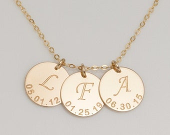 Personalized Gold Filled Initial Date Necklace, Engraved Disc Pendant