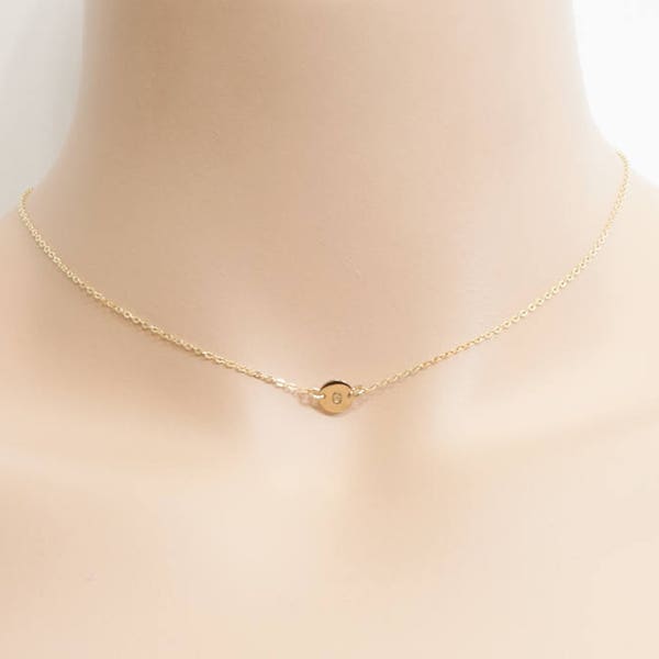 Dainty Initial Disc Necklace, Hand Stamped Personalized Choker Necklace, Tiny Disc Necklace (7mm)