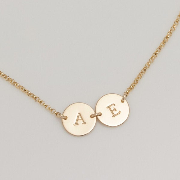 Dainty Connected Initial Discs (9.5mm) Rolo Chain Necklace - Sterling Silver, Gold Filled, Rose Gold Filled Necklace