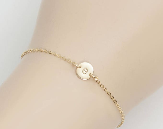 Dainty Monogram Initial Disc (7mm) Bracelet - Hand Stamped Personalized disc, Sterling Silver, Gold Filled, Rose Gold Filled Gift