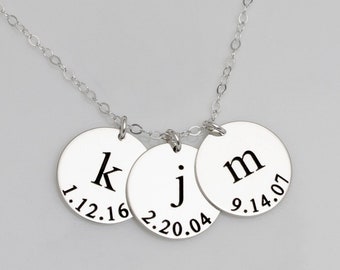 Personalized Initial and Date Necklace, Initial Birthdate Necklace - Gift for Mom, Mother, Grandma Necklace (5/8 inch or 15.9mm Disc)