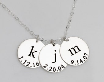 Personalized Initial Date Necklace, Sterling Silver Mom Necklace (5/8 inch Disc)