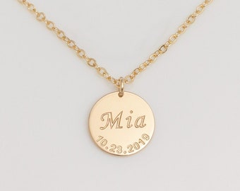 Personalized Name Date Necklace, 14k Gold Filled Disc, Gift for Mom