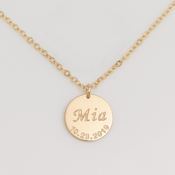 Name Date Necklace, Birthdate Necklace, Personalized Necklace - Gift for Mom, Mother, Grandma Necklace (1/2 inch or 12.7mm Disc)