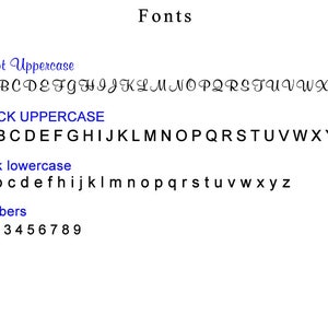 May include: A visual guide to different fonts, including script uppercase, block uppercase, block lowercase, and numbers. The fonts are displayed in a black and white color scheme.