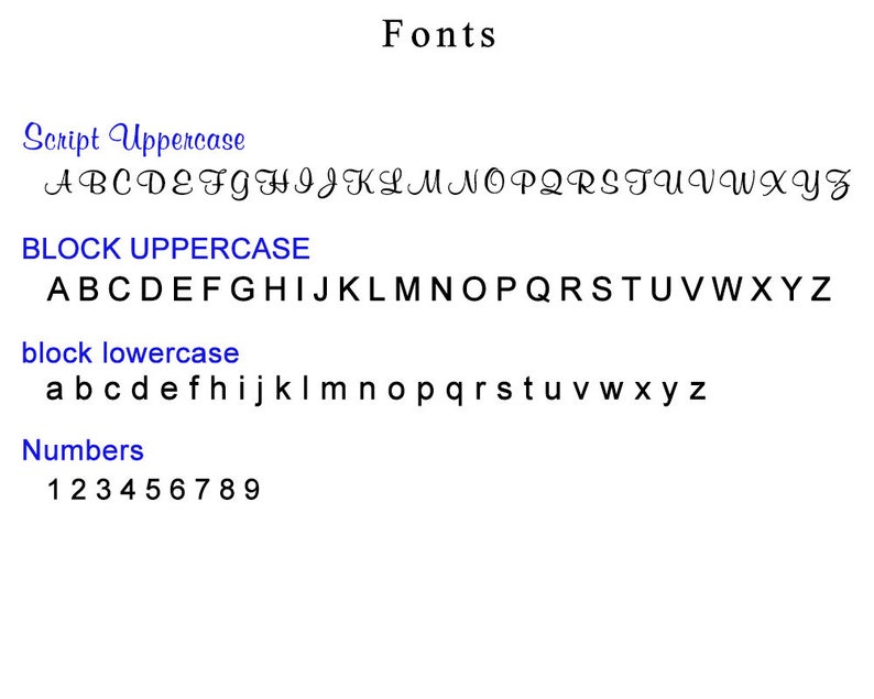 May include: A visual guide to different fonts, including script uppercase, block uppercase, block lowercase, and numbers. The fonts are displayed in a black and white color scheme.