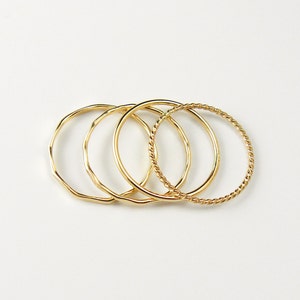 Thin Gold Stacking Rings, Set of 4 Dainty Stack Rings 2 Hammered Stack Rings, 1 Smooth Stack Ring, 1 Twist Stack Ring 18 gauge image 3