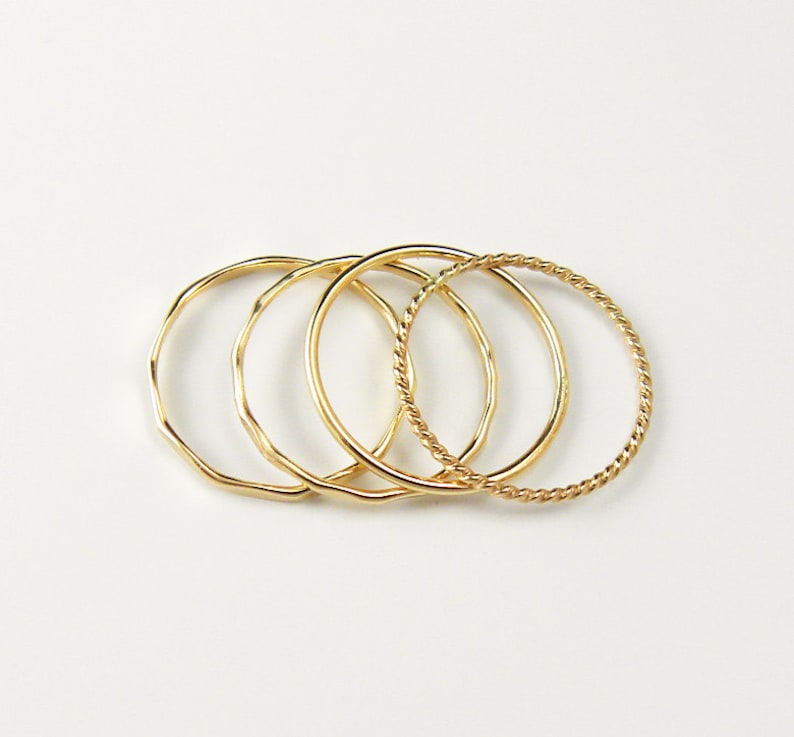 Thin Gold Stacking Rings, Set of 4 Dainty Stack Rings 2 Hammered Stack Rings, 1 Smooth Stack Ring, 1 Twist Stack Ring 18 gauge image 3