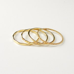 Thin Gold Stacking Rings, Set of 4 Dainty Stack Rings 2 Hammered Stack Rings, 1 Smooth Stack Ring, 1 Twist Stack Ring 18 gauge image 2