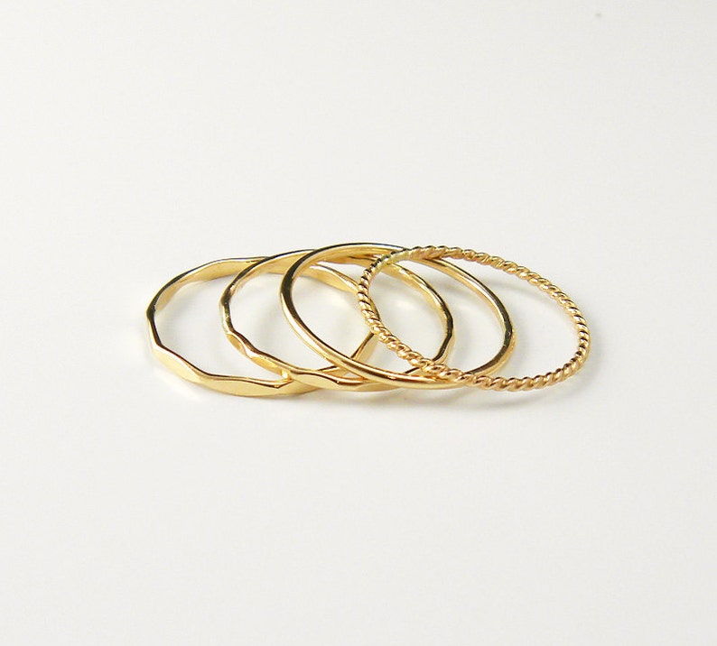 Thin Gold Stacking Rings, Set of 4 Dainty Stack Rings 2 Hammered Stack Rings, 1 Smooth Stack Ring, 1 Twist Stack Ring 18 gauge image 2