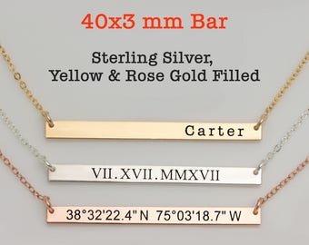 Collar de barra personalizado, plata de ley, chapado en oro, nombre y coordenadas.