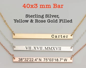 Personalized Bar Necklace, Name Bar Necklace, Name Necklace, Coordinate Necklace, Roman Numerals Necklace, Dainty Skinny Bar Necklace