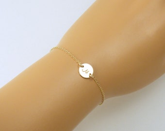 Dainty Monogram Initial Disc (9.5mm) Bracelet, Hand Stamped Personalized Letter Disk Bracelet