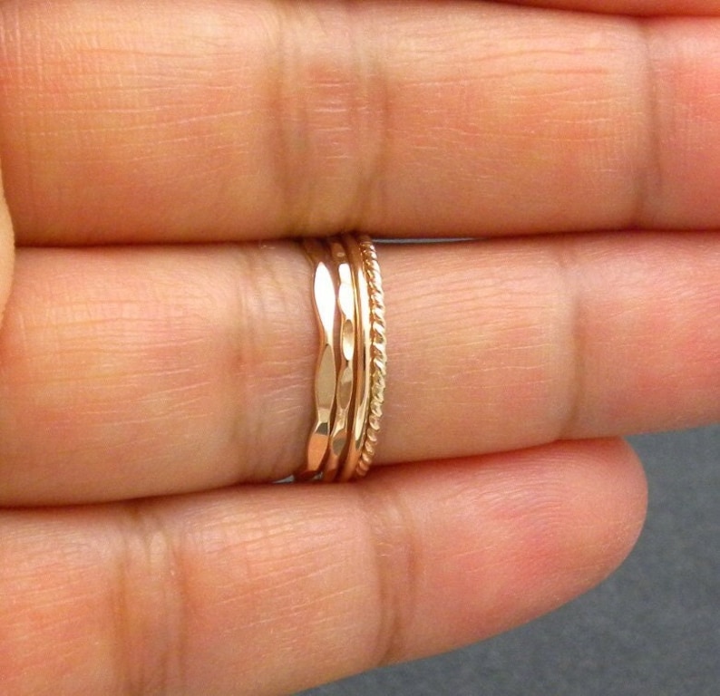 Thin Gold Stacking Rings, Set of 4 Dainty Stack Rings 2 Hammered Stack Rings, 1 Smooth Stack Ring, 1 Twist Stack Ring 18 gauge image 1