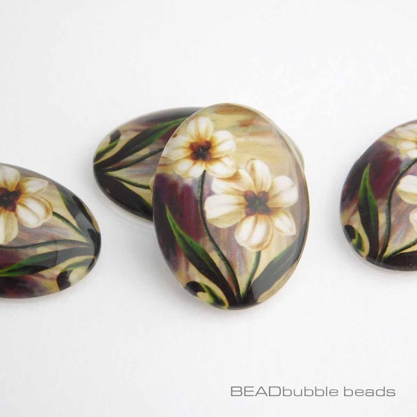 Glass Oval Floral Cabochons, 25mm x 18mm Flat Back, Pack of 4 Cream Coloured Flower Cabochons