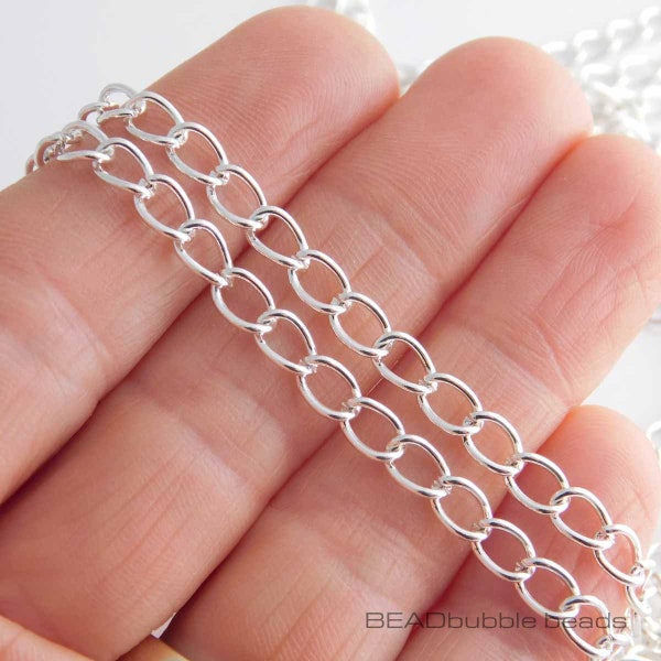 Curb Chain Silver Plated 6mm x 4mm, Silver Coloured Chain x 2 metres for Jewellery Making